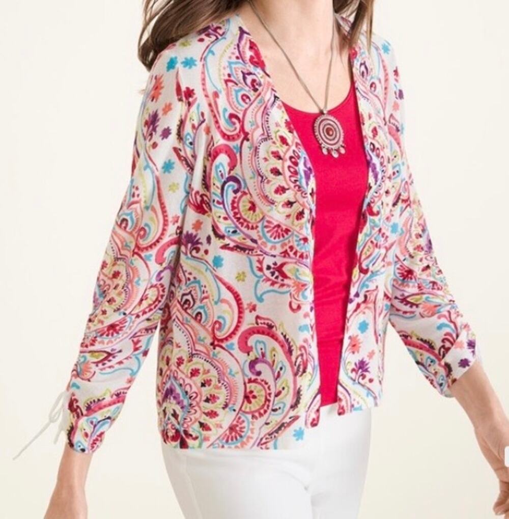 Chico's Women Cardigan Sweater Multi Colored Sz 2 (L) Open Front Ruched Sleeve